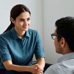 **

"A professional social worker in a modest blouse and comfortable slacks, sitting across from a person in a calm, supportive office setting. The environment is warm and inviting with soft lighting. The scene depicts a counseling session, fully clothed, appropriate content, safe for work, perfect anatomy, natural proportions, professional, modest, family-friendly. Focus on empathy and support, well-formed hands, proper finger count."

**