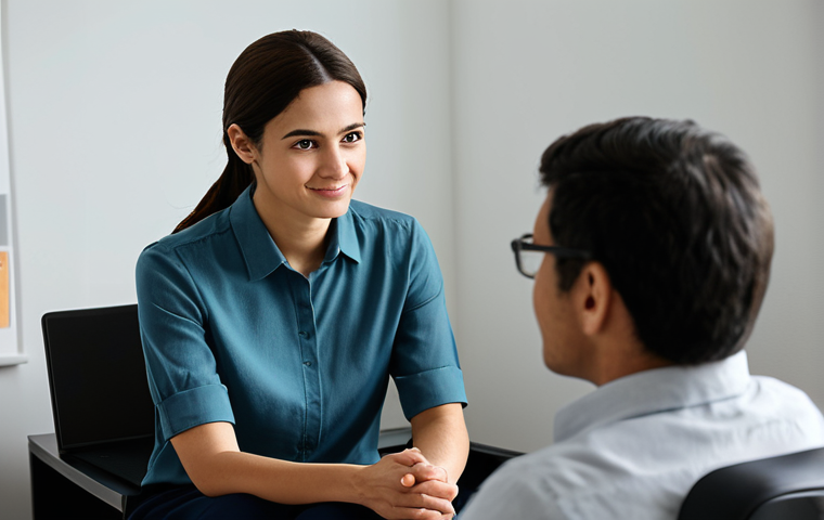 **
"A professional social worker in a modest blouse and comfortable slacks, sitting across from a person in a calm, supportive office setting. The environment is warm and inviting with soft lighting. The scene depicts a counseling session, fully clothed, appropriate content, safe for work, perfect anatomy, natural proportions, professional, modest, family-friendly. Focus on empathy and support, well-formed hands, proper finger count."
**
