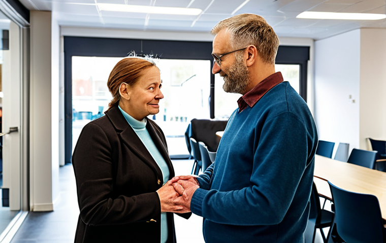 Victim Support & Community**
"A diverse group of people gathered in a bright, modern community center in Amsterdam. A friendly support worker, fully clothed in professional attire, is offering a comforting hand to a woman in her 40s, also fully clothed in modest clothing, who appears thoughtful. In the background, others are engaging in a calm discussion. The scene is family-friendly and emphasizes empathy and support. Safe for work, appropriate content, perfect anatomy, natural proportions, professional setting, modest, well-lit, high quality."
**